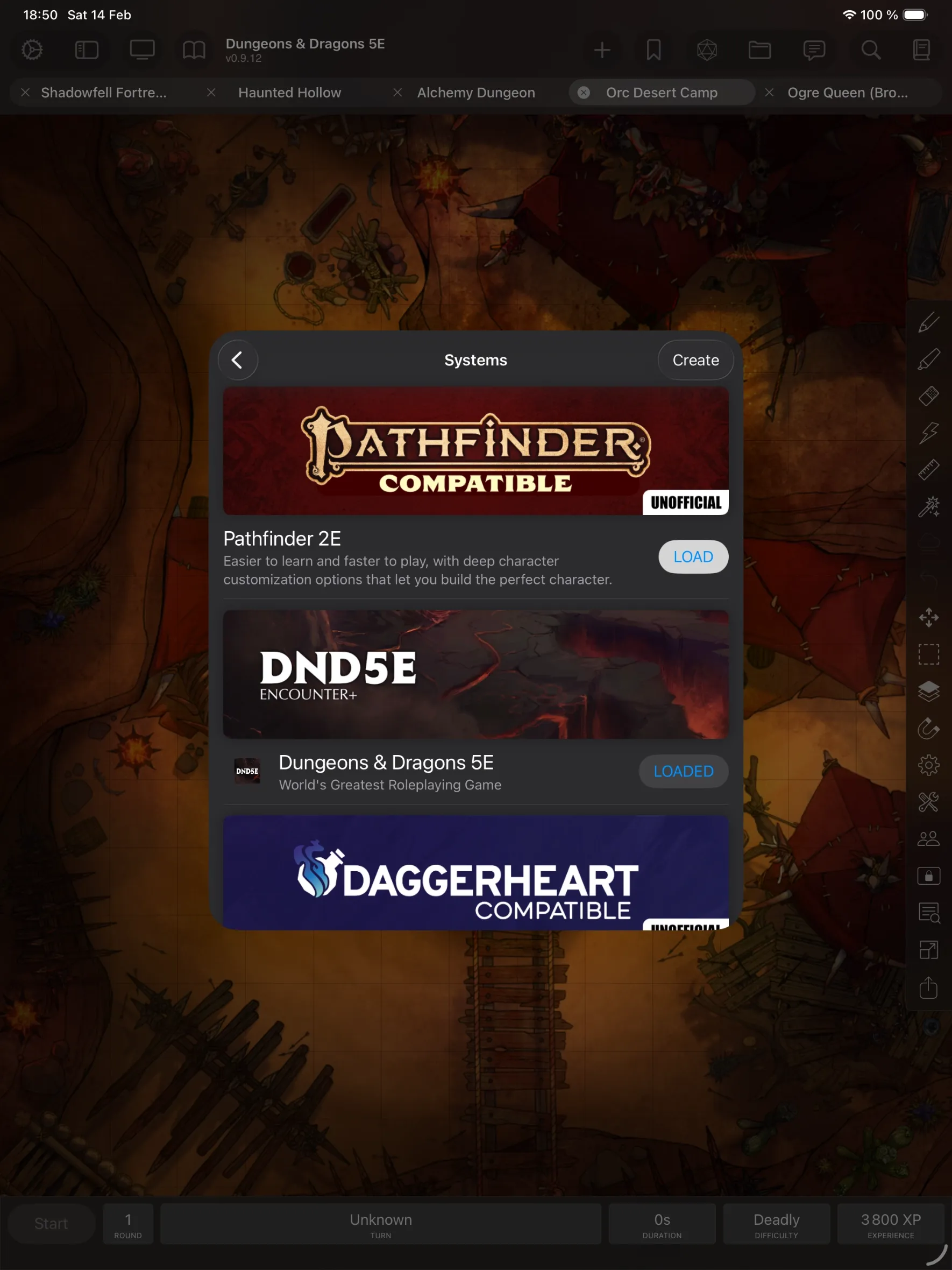The system picker listing Pathfinder 2E, Dungeons & Dragons 5E and Daggerheart