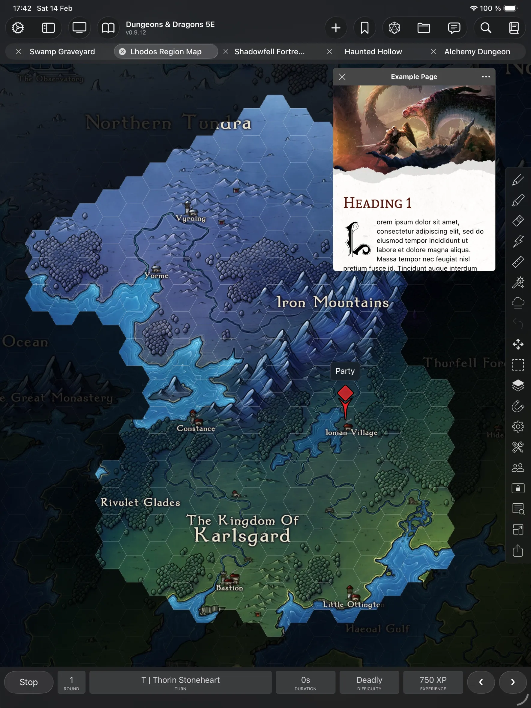 An overland region map on a hex grid, with settlements, a party marker and a handout page open