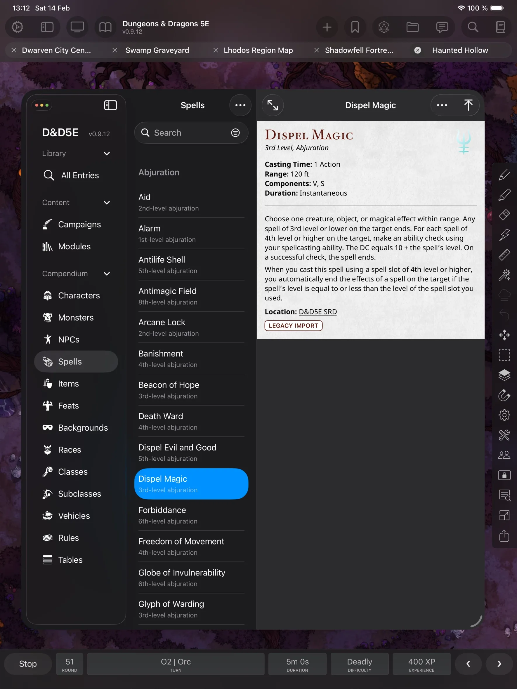 The library open on the spell list, with Dispel Magic shown alongside monsters, items and other entry types